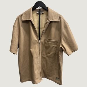 Hudson Jeans Sandy Collection Tan Faux Leather Short Sleeve Zip Up Shirt Mens M